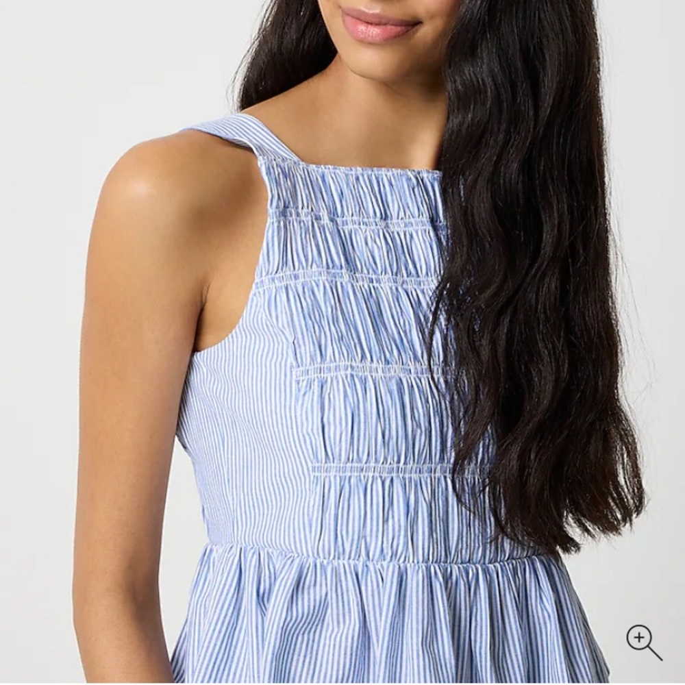 NWT J. Crew Top Womens 10 Striped Smocked Banker Blue Sleeveless 100% Cotton - Picture 2 of 11